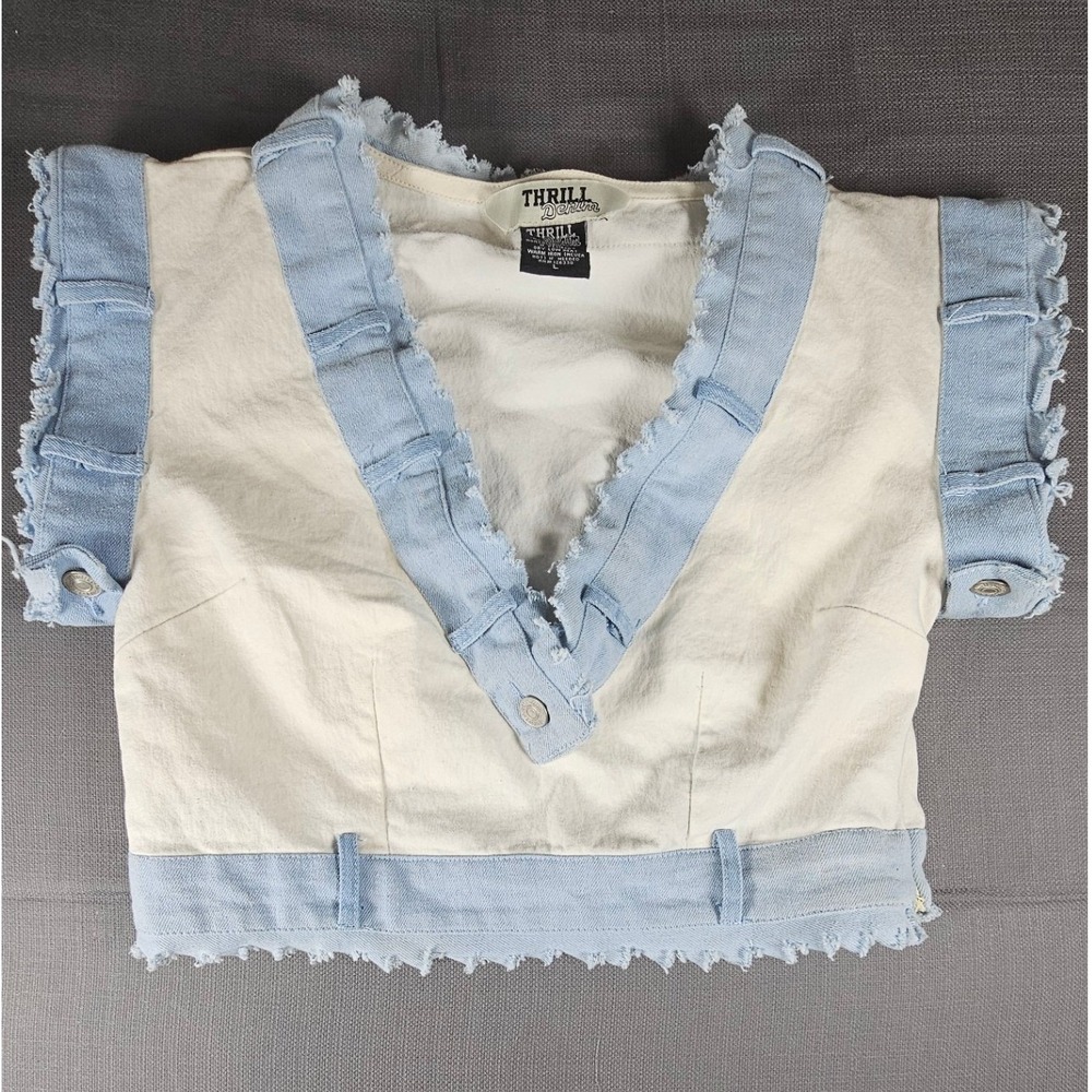 Thrill Denim Womens Two Tone Frayed Crop Top V-Neck Distressed Blue off white LG